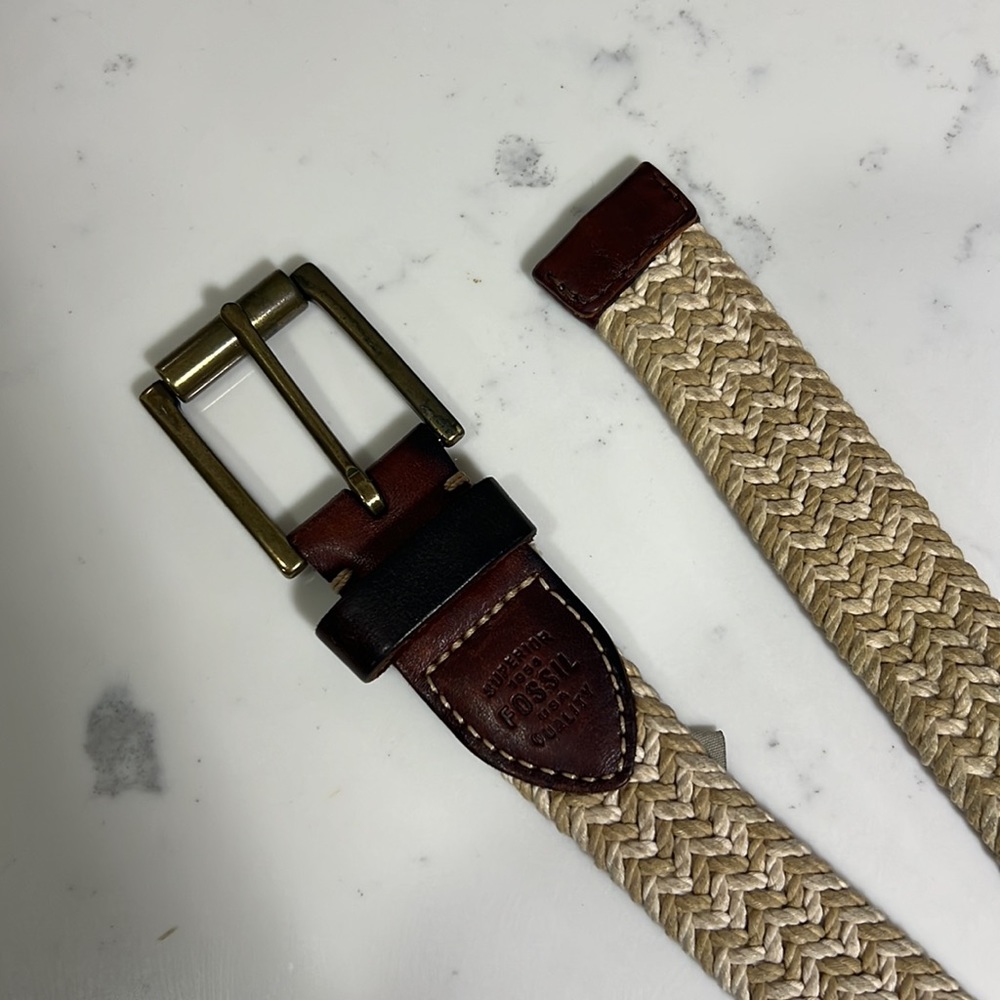 Fossil Woven Cream Belt | Braided Design with Leather Tip & Strap Men’s Size 38 - Picture 2 of 5